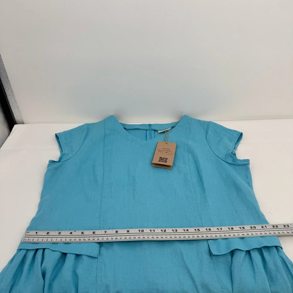 NWT Baltic Jura Linen Womens Size 46 Blue Midi Dress Short Sleeve V Neck Pockets - Picture 7 of 14